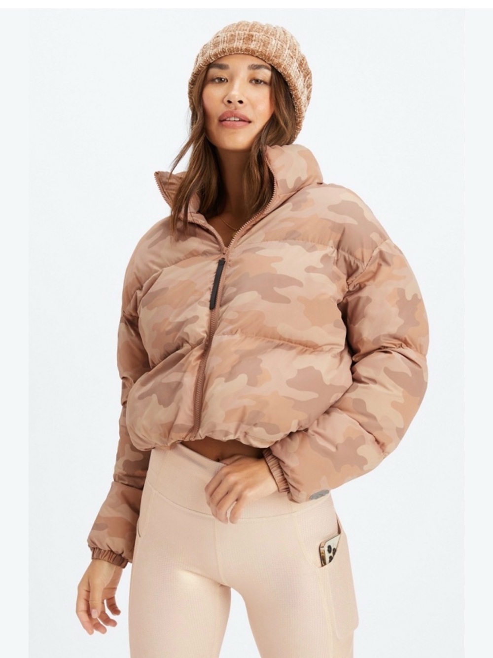 Fabletics Wander Cropped Puffer - Taupe Desert Camo Cropped Puffer Jacket